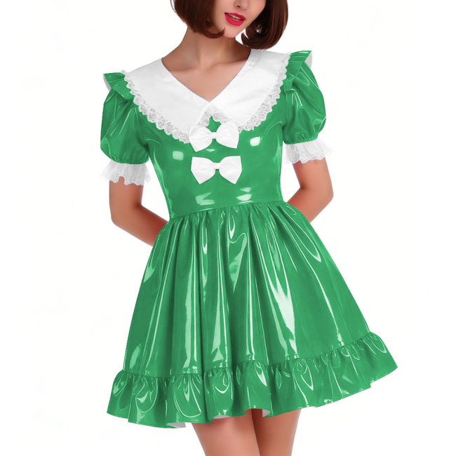 Cute PVC Shiny Leather Pleated Mini Dress Women Puff Sleeve Preppy Style Lace Ruffles Short Dress Sissy Halloween Cosplay Outfit