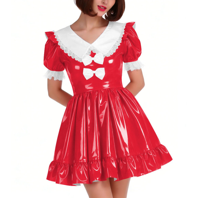 Cute PVC Shiny Leather Pleated Mini Dress Women Puff Sleeve Preppy Style Lace Ruffles Short Dress Sissy Halloween Cosplay Outfit