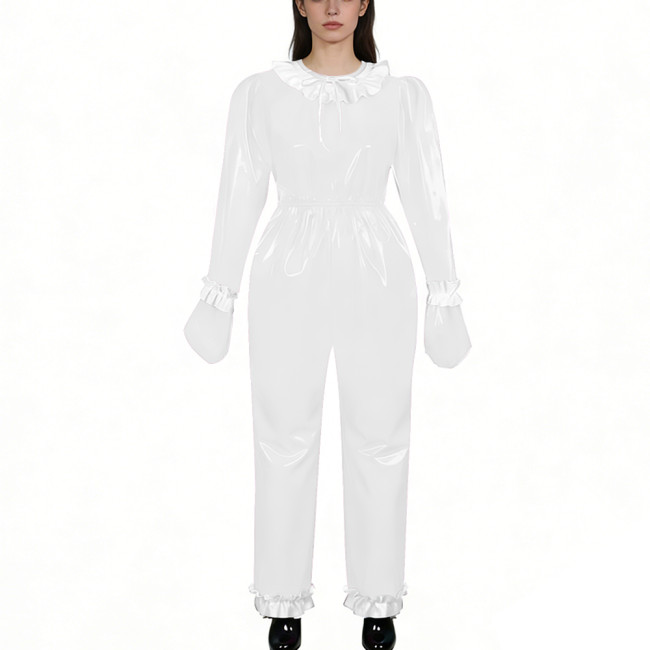 Lockable Shiny PVC Leather Ruffles Trim Romper Elastic Waist Long Sleeve Gloved One-piece Jumpsuit Unisex Fetish Cosplay Outfit