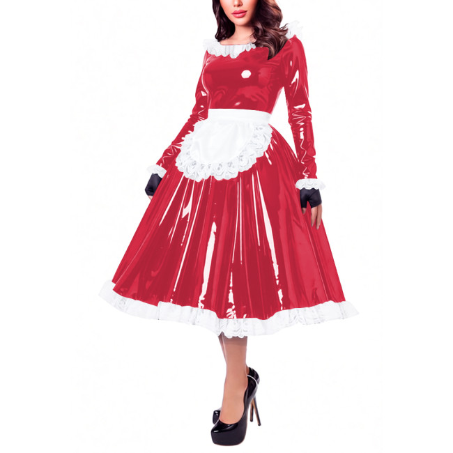 Glossy Patent Leather French Maid Midi Dress with Apron Lace Ruffle Trim Long Sleeve Shiny PVC Party Cosplay Outfit Crossdresser