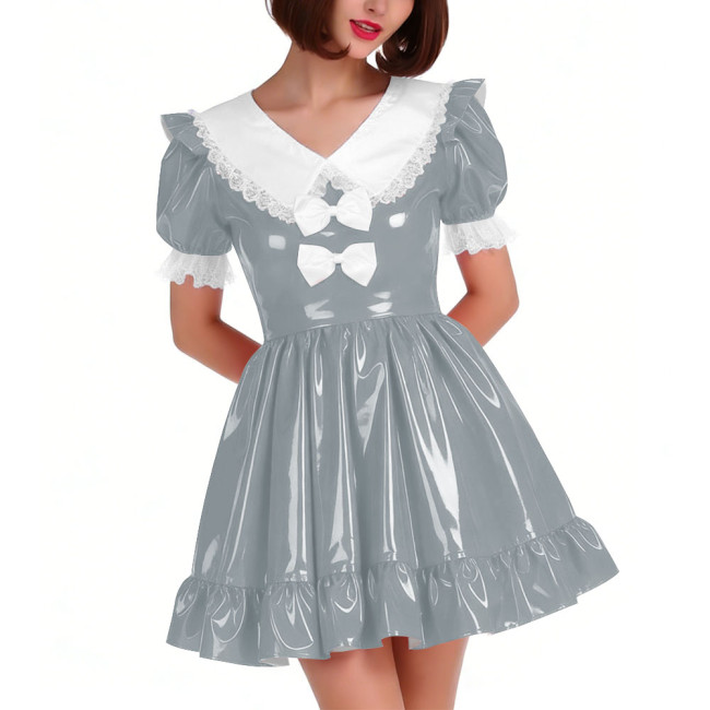 Cute PVC Shiny Leather Pleated Mini Dress Women Puff Sleeve Preppy Style Lace Ruffles Short Dress Sissy Halloween Cosplay Outfit