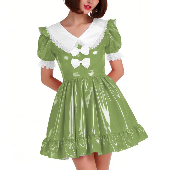 Cute PVC Shiny Leather Pleated Mini Dress Women Puff Sleeve Preppy Style Lace Ruffles Short Dress Sissy Halloween Cosplay Outfit