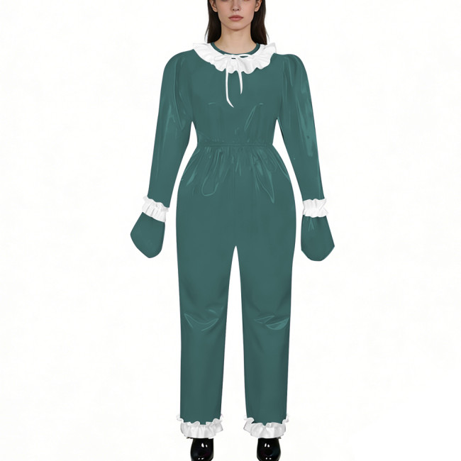 Lockable Shiny PVC Leather Ruffles Trim Romper Elastic Waist Long Sleeve Gloved One-piece Jumpsuit Unisex Fetish Cosplay Outfit