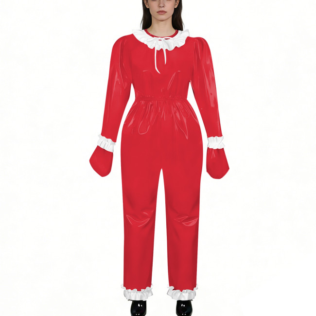 Lockable Shiny PVC Leather Ruffles Trim Romper Elastic Waist Long Sleeve Gloved One-piece Jumpsuit Unisex Fetish Cosplay Outfit