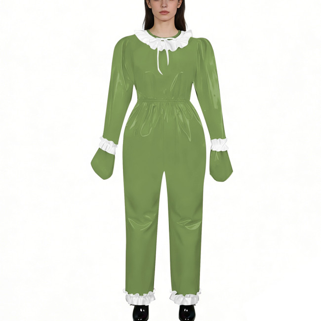 Lockable Shiny PVC Leather Ruffles Trim Romper Elastic Waist Long Sleeve Gloved One-piece Jumpsuit Unisex Fetish Cosplay Outfit