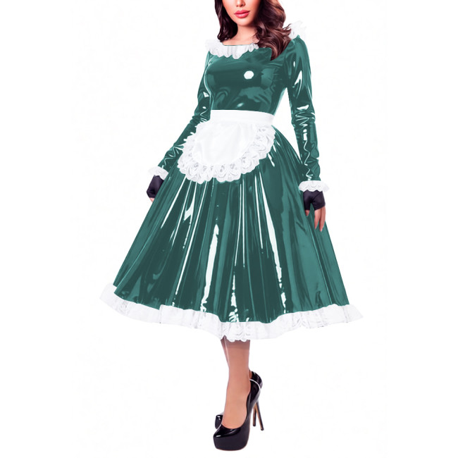 Glossy Patent Leather French Maid Midi Dress with Apron Lace Ruffle Trim Long Sleeve Shiny PVC Party Cosplay Outfit Crossdresser