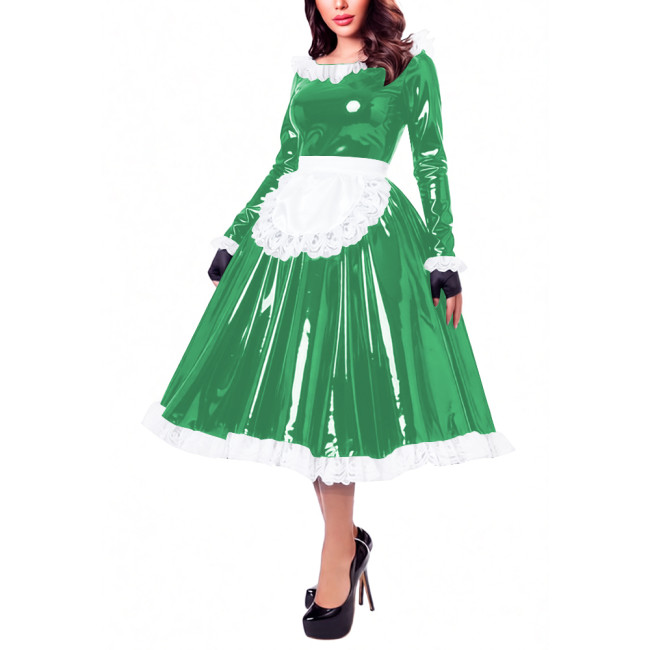 Glossy Patent Leather French Maid Midi Dress with Apron Lace Ruffle Trim Long Sleeve Shiny PVC Party Cosplay Outfit Crossdresser