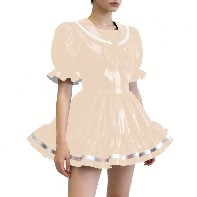 Puff Sleeves Ruffles Mini Sailor Dress with Bow Gothic Lolita PVC Shiny Cosplay Outfit Womens Sissy Party Role Play Halloween