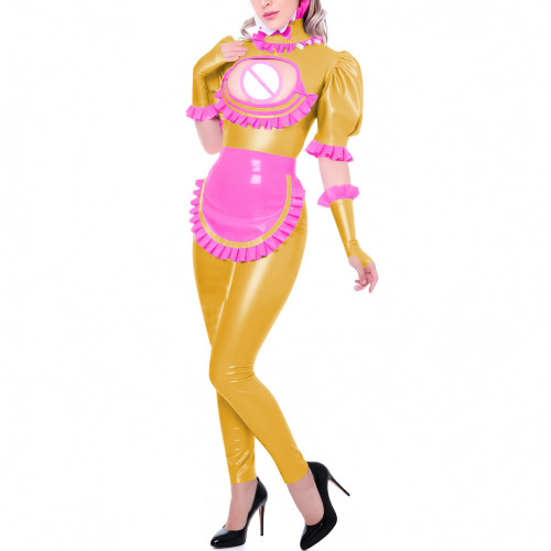Sexy Hollow Puff Short Sleeves Latex-look Catsuit Sets Sissy PVC Leather Jumpsuit Party Pole Dance Clubwear Halloween Cosplay