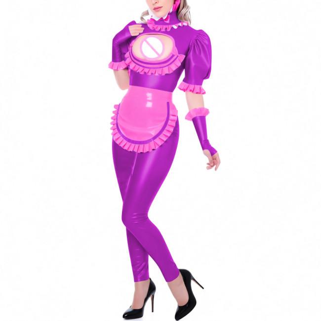 Sexy Hollow Puff Short Sleeves Latex-look Catsuit Sets Sissy PVC Leather Jumpsuit Party Pole Dance Clubwear Halloween Cosplay