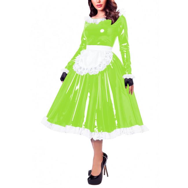 Glossy Patent Leather French Maid Midi Dress with Apron Lace Ruffle Trim Long Sleeve Shiny PVC Party Cosplay Outfit Crossdresser