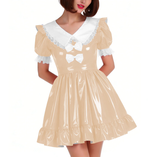 Cute PVC Shiny Leather Pleated Mini Dress Women Puff Sleeve Preppy Style Lace Ruffles Short Dress Sissy Halloween Cosplay Outfit
