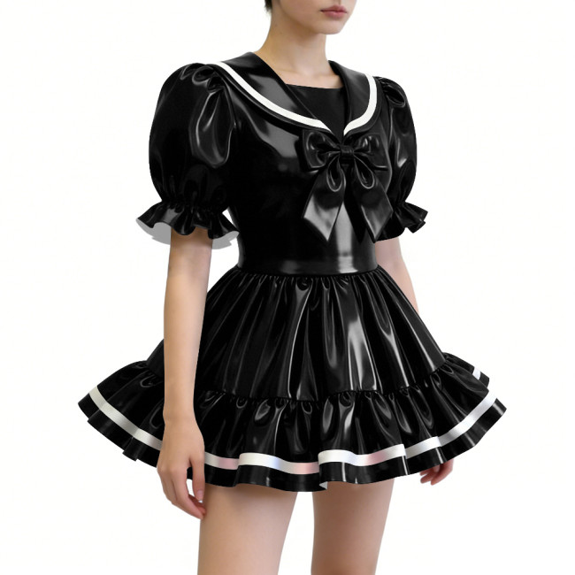 Puff Sleeves Ruffles Mini Sailor Dress with Bow Gothic Lolita PVC Shiny Cosplay Outfit Womens Sissy Party Role Play Halloween