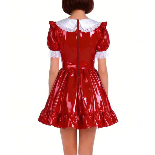 Cute PVC Shiny Leather Pleated Mini Dress Women Puff Sleeve Preppy Style Lace Ruffles Short Dress Sissy Halloween Cosplay Outfit