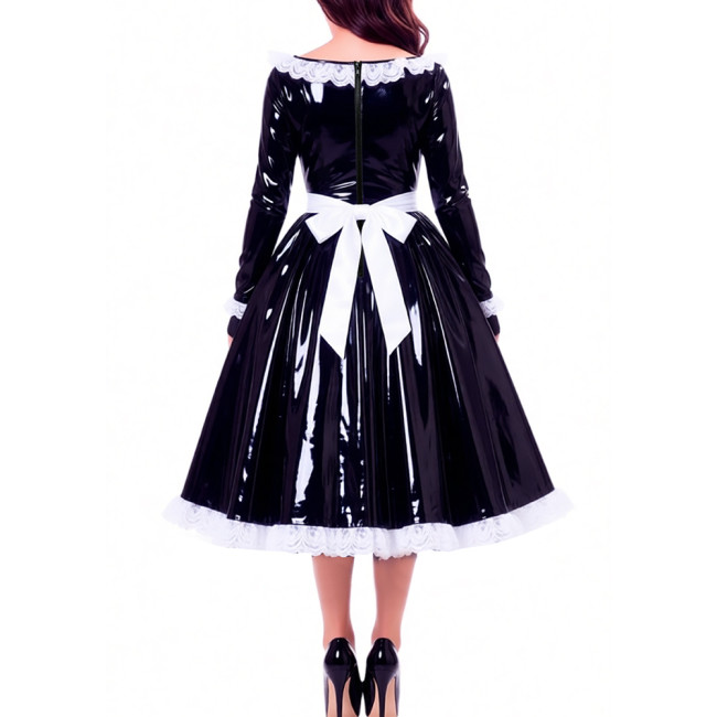 Glossy Patent Leather French Maid Midi Dress with Apron Lace Ruffle Trim Long Sleeve Shiny PVC Party Cosplay Outfit Crossdresser