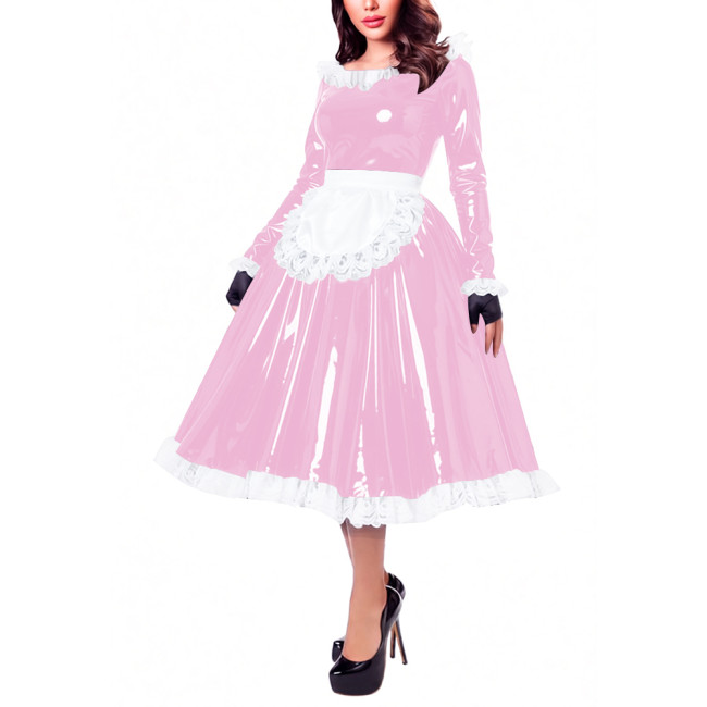 Glossy Patent Leather French Maid Midi Dress with Apron Lace Ruffle Trim Long Sleeve Shiny PVC Party Cosplay Outfit Crossdresser