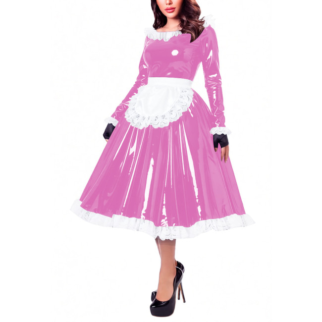 Glossy Patent Leather French Maid Midi Dress with Apron Lace Ruffle Trim Long Sleeve Shiny PVC Party Cosplay Outfit Crossdresser