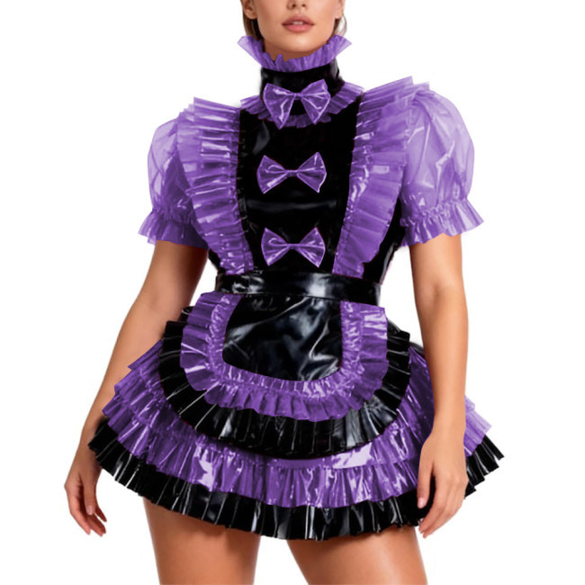 Lockable Crossdresser PVC Shiny Tiered Ruffle Mini Dress Sissy High Neck Pleated Party Maid Uniform Halloween Role Play Costume
