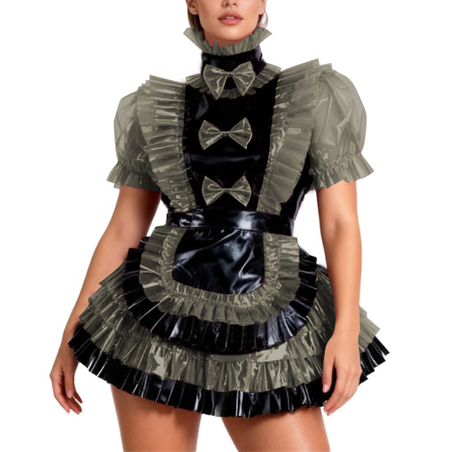 Lockable Crossdresser PVC Shiny Tiered Ruffle Mini Dress Sissy High Neck Pleated Party Maid Uniform Halloween Role Play Costume
