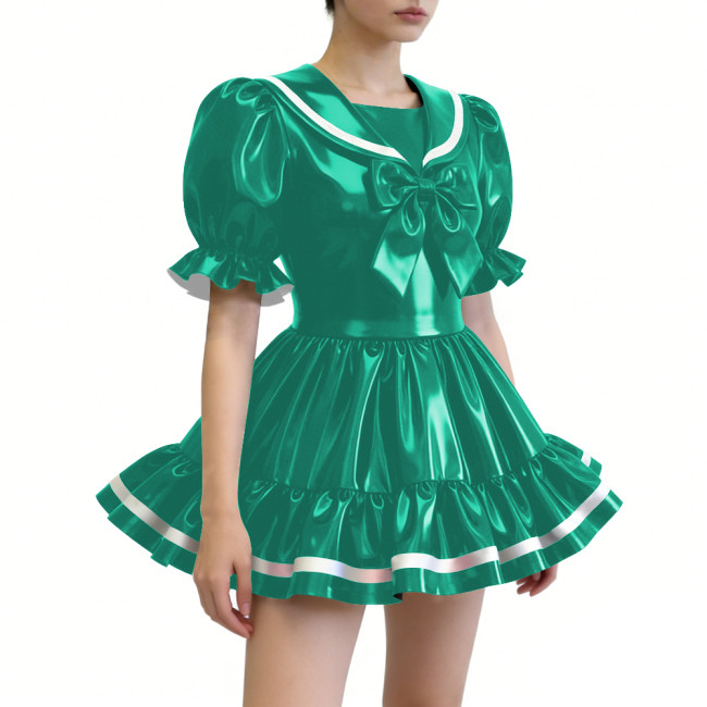 Puff Sleeves Ruffles Mini Sailor Dress with Bow Gothic Lolita PVC Shiny Cosplay Outfit Womens Sissy Party Role Play Halloween