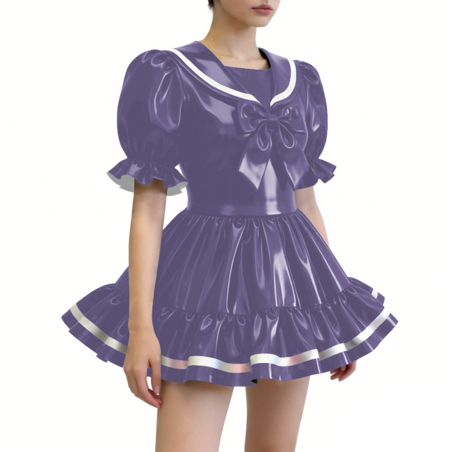 Puff Sleeves Ruffles Mini Sailor Dress with Bow Gothic Lolita PVC Shiny Cosplay Outfit Womens Sissy Party Role Play Halloween