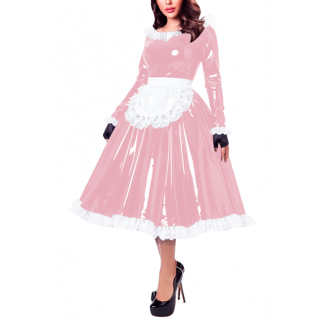 Glossy Patent Leather French Maid Midi Dress with Apron Lace Ruffle Trim Long Sleeve Shiny PVC Party Cosplay Outfit Crossdresser