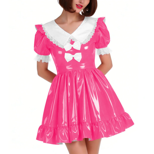 Cute PVC Shiny Leather Pleated Mini Dress Women Puff Sleeve Preppy Style Lace Ruffles Short Dress Sissy Halloween Cosplay Outfit
