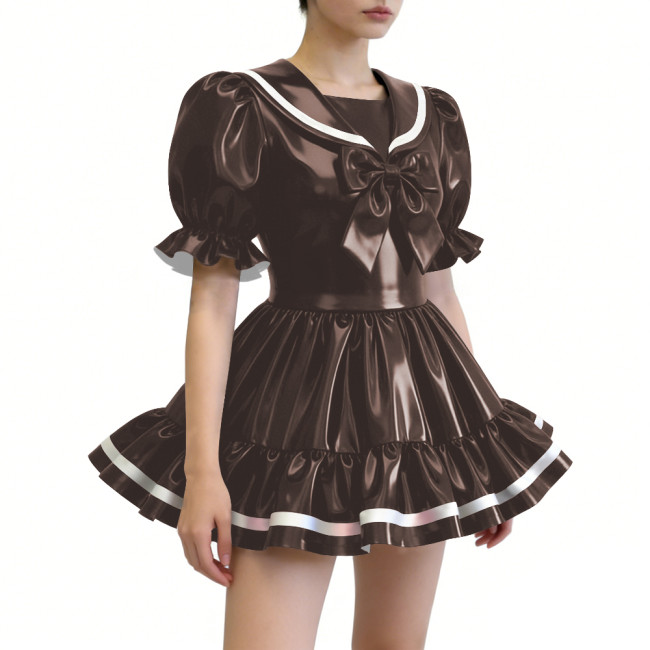 Puff Sleeves Ruffles Mini Sailor Dress with Bow Gothic Lolita PVC Shiny Cosplay Outfit Womens Sissy Party Role Play Halloween