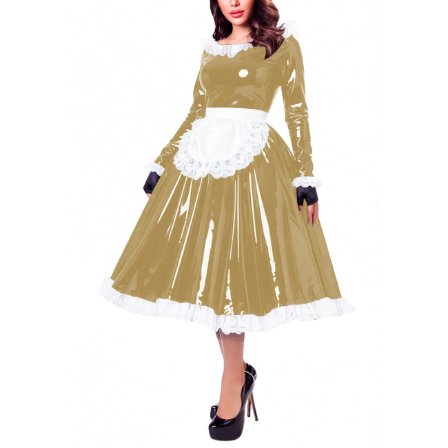 Glossy Patent Leather French Maid Midi Dress with Apron Lace Ruffle Trim Long Sleeve Shiny PVC Party Cosplay Outfit Crossdresser