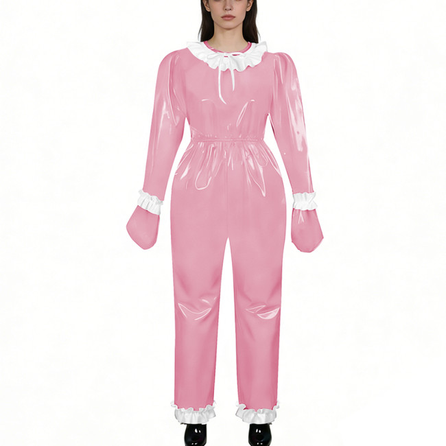 Lockable Shiny PVC Leather Ruffles Trim Romper Elastic Waist Long Sleeve Gloved One-piece Jumpsuit Unisex Fetish Cosplay Outfit