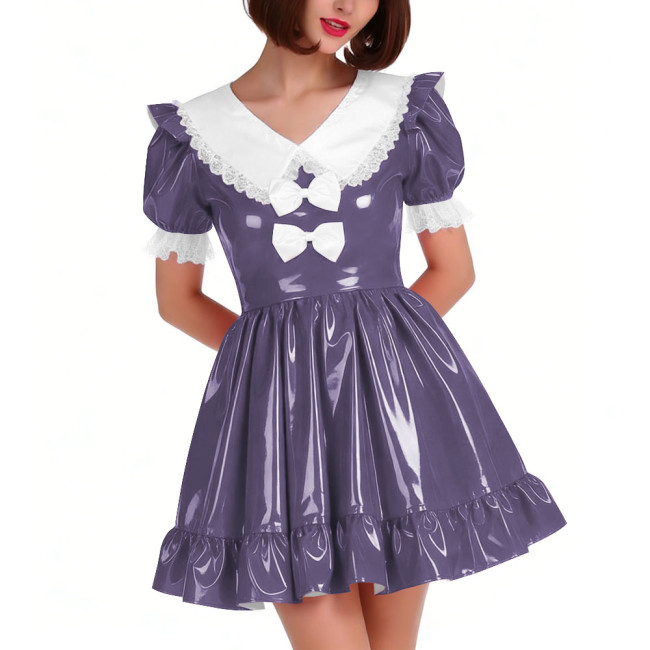 Cute PVC Shiny Leather Pleated Mini Dress Women Puff Sleeve Preppy Style Lace Ruffles Short Dress Sissy Halloween Cosplay Outfit