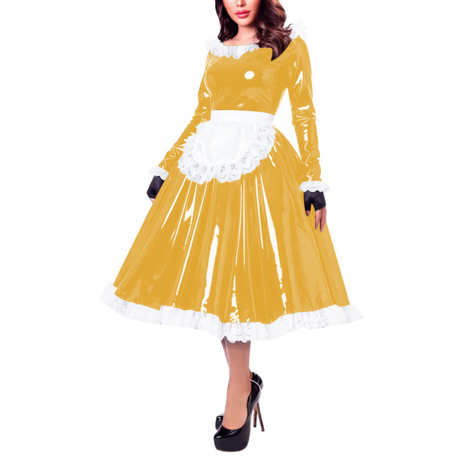 Glossy Patent Leather French Maid Midi Dress with Apron Lace Ruffle Trim Long Sleeve Shiny PVC Party Cosplay Outfit Crossdresser