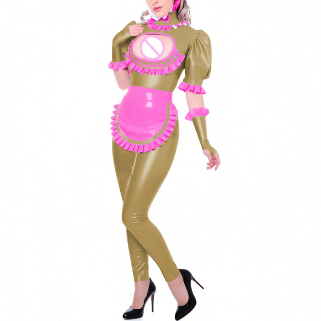 Sexy Hollow Puff Short Sleeves Latex-look Catsuit Sets Sissy PVC Leather Jumpsuit Party Pole Dance Clubwear Halloween Cosplay