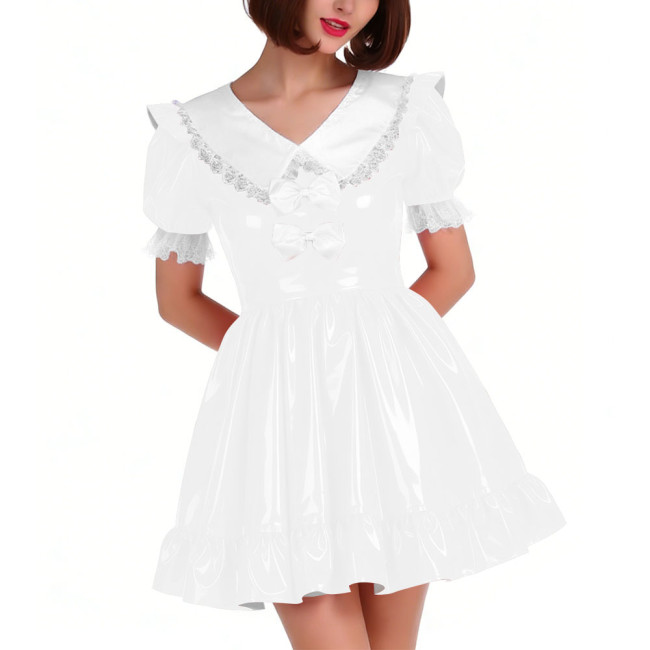 Cute PVC Shiny Leather Pleated Mini Dress Women Puff Sleeve Preppy Style Lace Ruffles Short Dress Sissy Halloween Cosplay Outfit