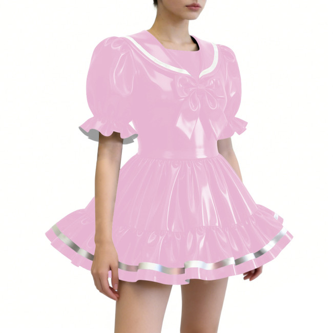 Puff Sleeves Ruffles Mini Sailor Dress with Bow Gothic Lolita PVC Shiny Cosplay Outfit Womens Sissy Party Role Play Halloween