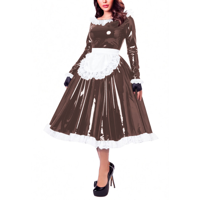Glossy Patent Leather French Maid Midi Dress with Apron Lace Ruffle Trim Long Sleeve Shiny PVC Party Cosplay Outfit Crossdresser