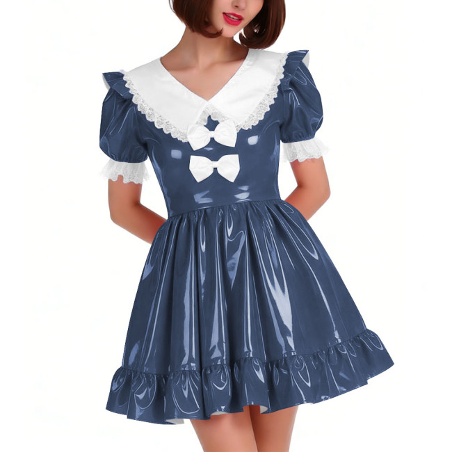 Cute PVC Shiny Leather Pleated Mini Dress Women Puff Sleeve Preppy Style Lace Ruffles Short Dress Sissy Halloween Cosplay Outfit