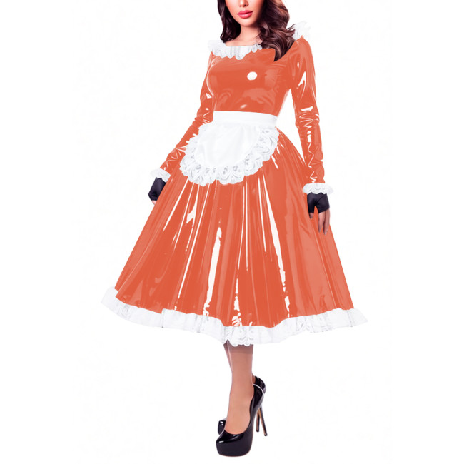 Glossy Patent Leather French Maid Midi Dress with Apron Lace Ruffle Trim Long Sleeve Shiny PVC Party Cosplay Outfit Crossdresser