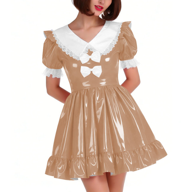 Cute PVC Shiny Leather Pleated Mini Dress Women Puff Sleeve Preppy Style Lace Ruffles Short Dress Sissy Halloween Cosplay Outfit