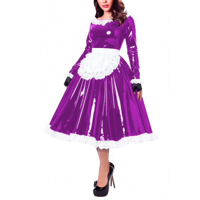 Glossy Patent Leather French Maid Midi Dress with Apron Lace Ruffle Trim Long Sleeve Shiny PVC Party Cosplay Outfit Crossdresser