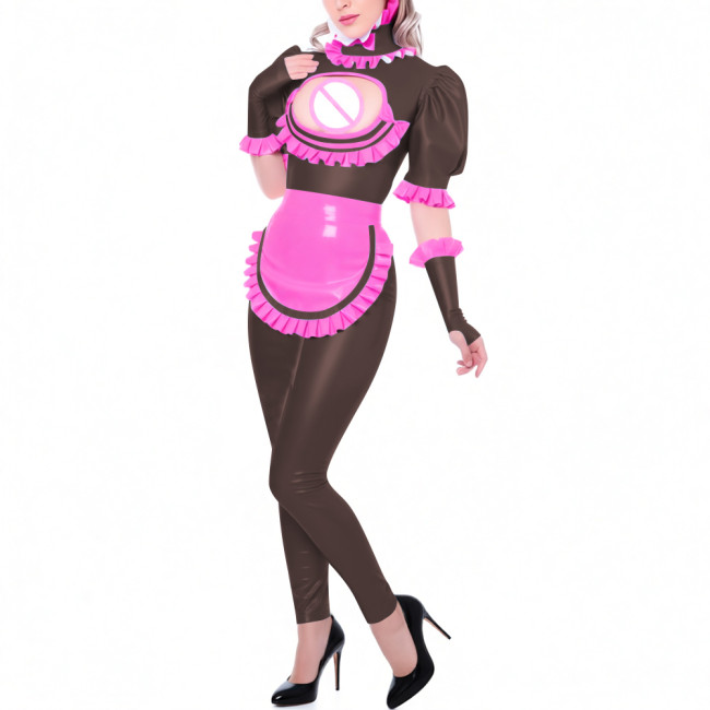 Sexy Hollow Puff Short Sleeves Latex-look Catsuit Sets Sissy PVC Leather Jumpsuit Party Pole Dance Clubwear Halloween Cosplay