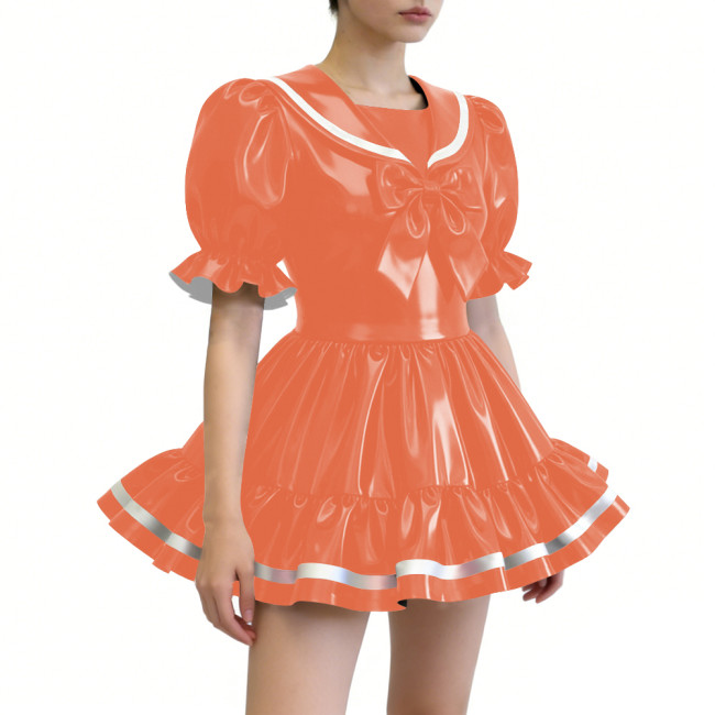 Puff Sleeves Ruffles Mini Sailor Dress with Bow Gothic Lolita PVC Shiny Cosplay Outfit Womens Sissy Party Role Play Halloween