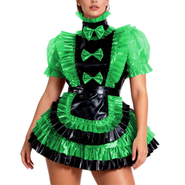 Lockable Crossdresser PVC Shiny Tiered Ruffle Mini Dress Sissy High Neck Pleated Party Maid Uniform Halloween Role Play Costume