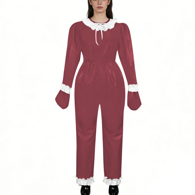 Lockable Shiny PVC Leather Ruffles Trim Romper Elastic Waist Long Sleeve Gloved One-piece Jumpsuit Unisex Fetish Cosplay Outfit