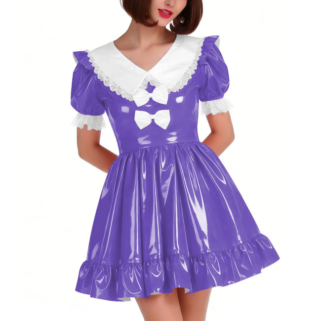 Cute PVC Shiny Leather Pleated Mini Dress Women Puff Sleeve Preppy Style Lace Ruffles Short Dress Sissy Halloween Cosplay Outfit
