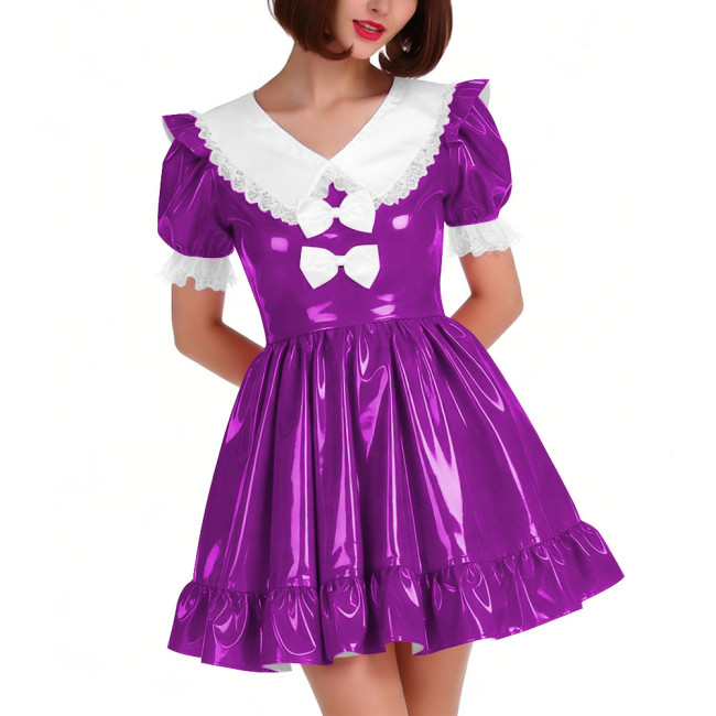 Cute PVC Shiny Leather Pleated Mini Dress Women Puff Sleeve Preppy Style Lace Ruffles Short Dress Sissy Halloween Cosplay Outfit