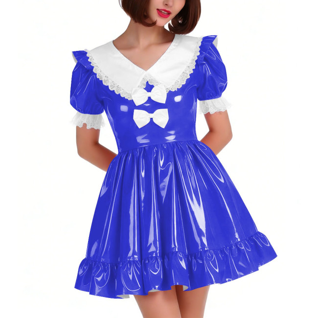 Cute PVC Shiny Leather Pleated Mini Dress Women Puff Sleeve Preppy Style Lace Ruffles Short Dress Sissy Halloween Cosplay Outfit
