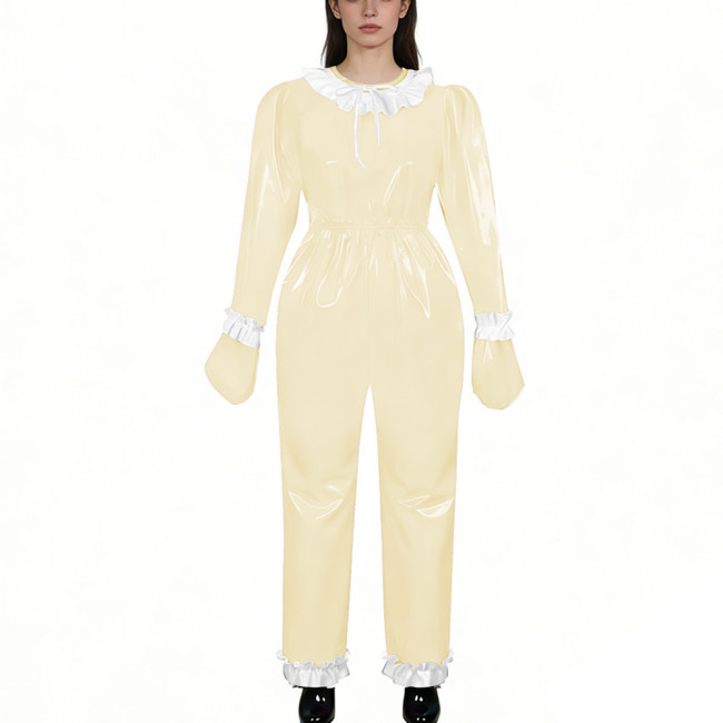 Lockable Shiny PVC Leather Ruffles Trim Romper Elastic Waist Long Sleeve Gloved One-piece Jumpsuit Unisex Fetish Cosplay Outfit