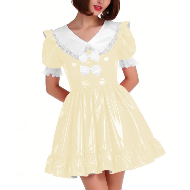 Cute PVC Shiny Leather Pleated Mini Dress Women Puff Sleeve Preppy Style Lace Ruffles Short Dress Sissy Halloween Cosplay Outfit