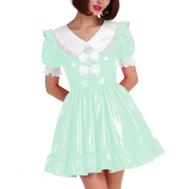 Cute PVC Shiny Leather Pleated Mini Dress Women Puff Sleeve Preppy Style Lace Ruffles Short Dress Sissy Halloween Cosplay Outfit